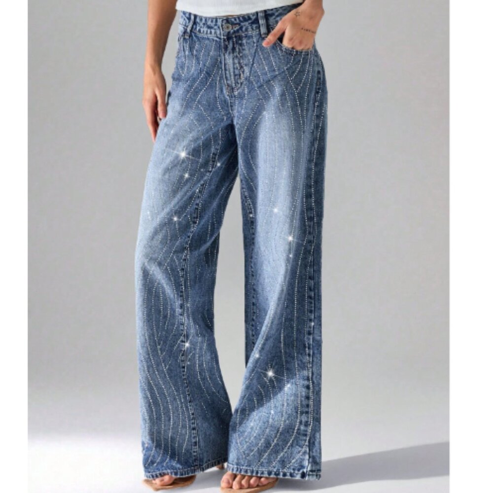 New 2026 Rhinestone Embellished wide Leg Jeans Size Large 12
